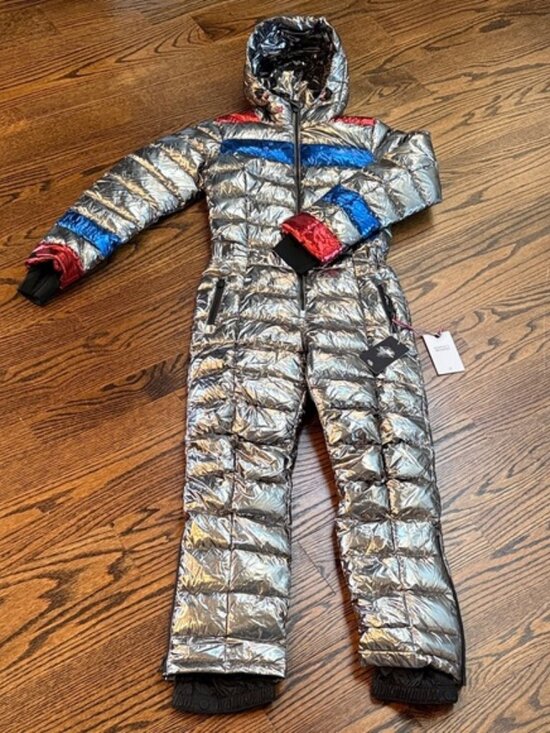 Perfect Moment Pants - Perfect Moment Silver Ski Jumpsuit with Red and Blue Accents